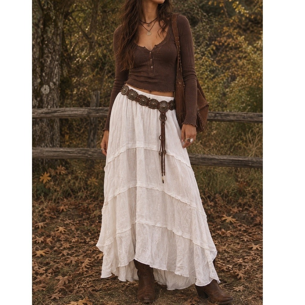 White Gauze Tiered Hi-Lo Maxi Skirt Sz S Elastic Western Boho Fall Cottage Folky